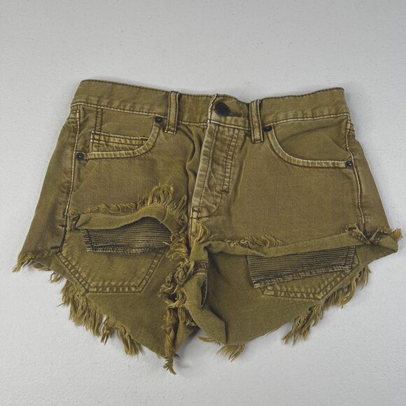 We The Free Denim Shorts Womens 24 Green Khaki Raw Hem Button Fly